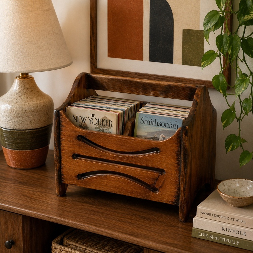 Vintage Wooden Magazine Rack Record Holder Mid Century Vinyl Storage Stand
